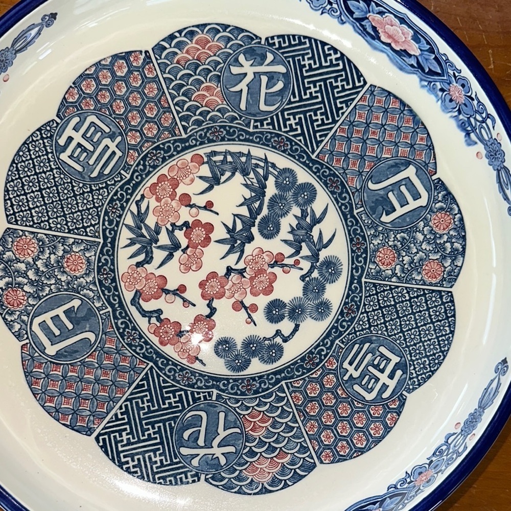 Japanese Imari Style Plate Blue Pink Floral Motif Kanji Design - Picture 6 of 8